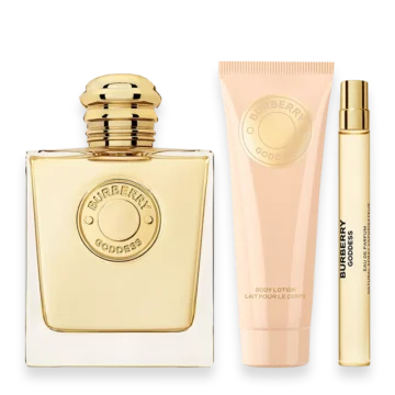 Burberry Goddess fragrance set with spray, body lotion, and travel-size mini spray