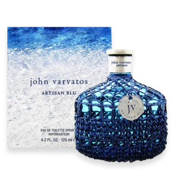 John Varvatos Artisan Blu men's fragrance bottle with woven blue glass design