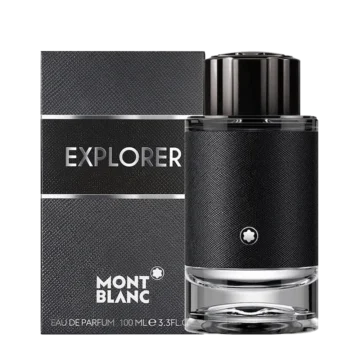 Bottle of Explorer by Mont Blanc featuring a sleek dark green and gold design, inspired by adventure