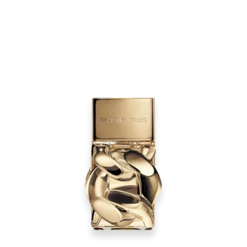 Gold-toned Michael Kors perfume bottle with a square cap and sculpted glass body embossed logo on the cap.
