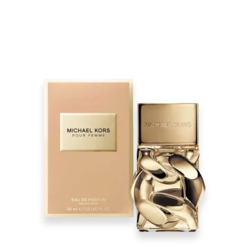 Michael Kors Pour Femme perfume bottle with pink-gold box beside it, displaying brand name on bottle cap and box label