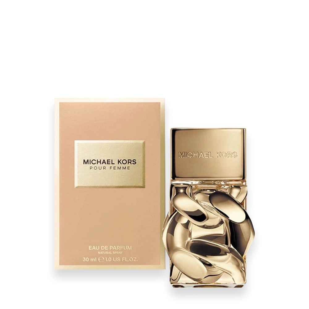 Pour Femme by Michael Kors Eau de Parfum » Scott Beauty Shop Michael Kors Pour Femme perfume bottle with pink-gold box beside it, displaying brand name on bottle cap and box label