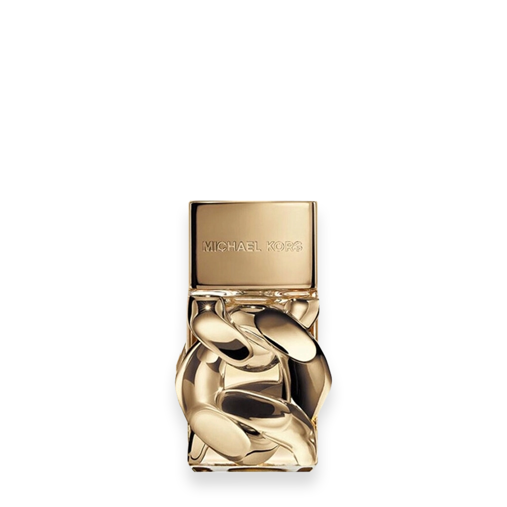 Pour Femme by Michael Kors Eau de Parfum » Scott Beauty Shop Gold-toned Michael Kors perfume bottle with a square cap and sculpted glass body embossed logo on the cap.