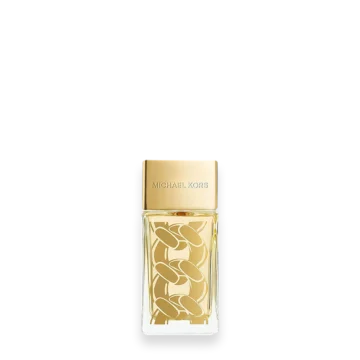 Michael Kors perfume bottle with a gold cap and a clear glass body featuring a gold chain pattern on the front.
