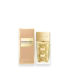 Michael Kors Pour Femme perfume bottle with a gold cap and chain-pattern glass beside its pink-beige box
