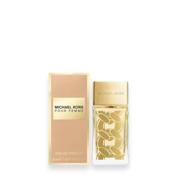 Michael Kors Pour Femme perfume bottle with a gold cap and chain-pattern glass beside its pink-beige box