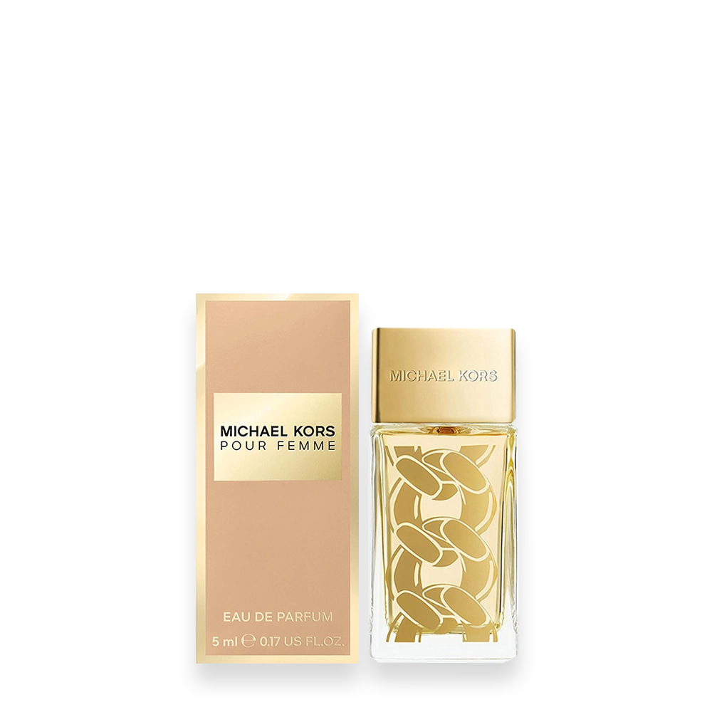 Pour Femme by Michael Kors Miniature Eau de Parfum » Scott Beauty Shop Michael Kors Pour Femme perfume bottle with a gold cap and chain-pattern glass beside its pink-beige box