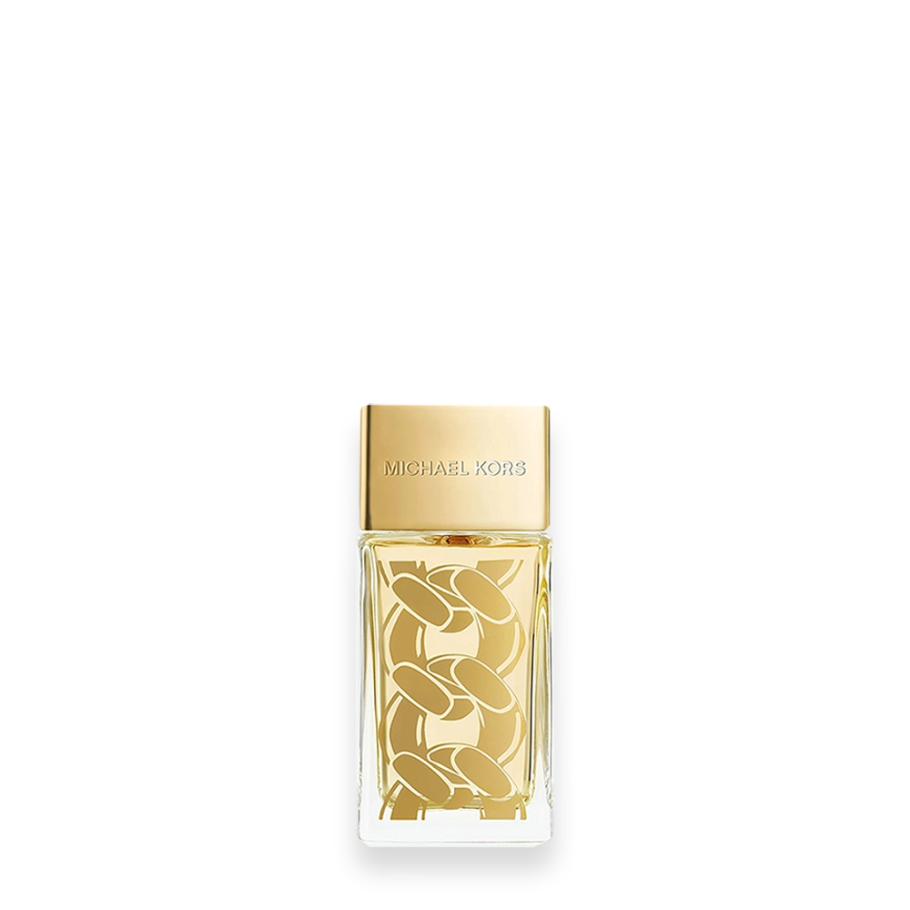 Pour Femme by Michael Kors Miniature Eau de Parfum » Scott Beauty Shop Michael Kors perfume bottle with a gold cap and a clear glass body featuring a gold chain pattern on the front.