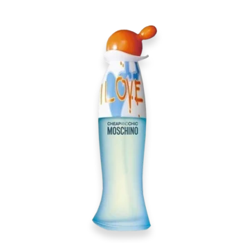 I Love Moschino perfume bottle with orange cap and blue gradient body, graffiti LOVE on the top area.