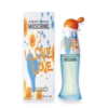 Moschino Cheap & Chic Love Love perfume box and matching bottle with orange cap on a white-and-blue design