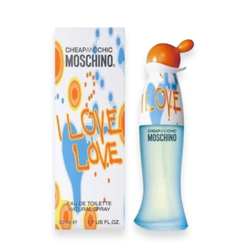 Moschino Cheap & Chic Love Love perfume box and matching bottle with orange cap on a white-and-blue design