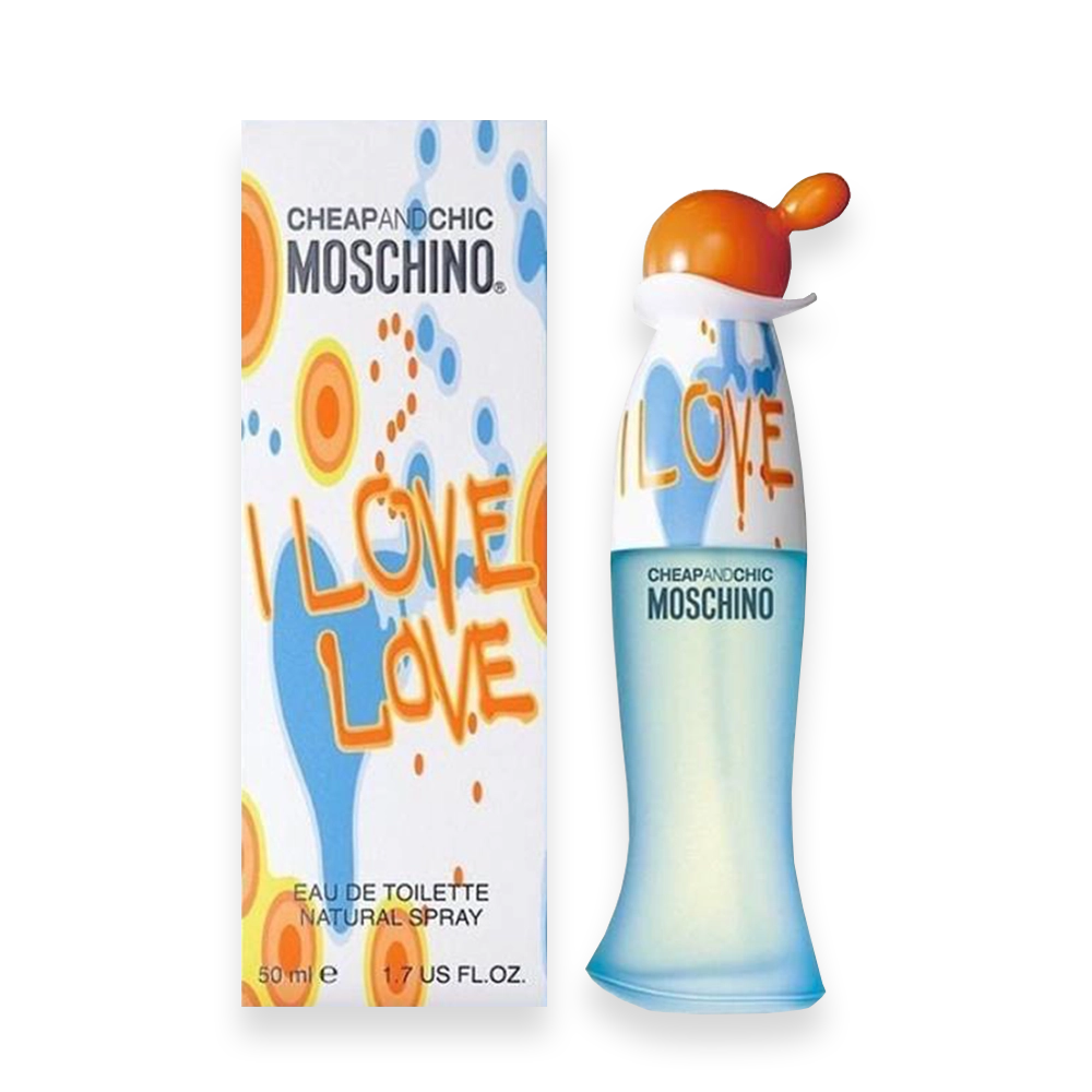 I Love Love by Moschino Eau de Toilette » Scott Beauty Shop Moschino Cheap & Chic Love Love perfume box and matching bottle with orange cap on a white-and-blue design