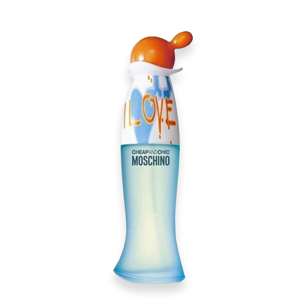I Love Love by Moschino Eau de Toilette » Scott Beauty Shop I Love Moschino perfume bottle with orange cap and blue gradient body, graffiti LOVE on the top area.