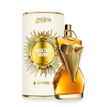 Divine Le Parfum by Jean Paul Gaultier Eau de Parfum Intense » Scott Beauty Shop Perfume bottle with a gold sunburst emblem beside a white cylindrical box labeled Gaultier Divine.