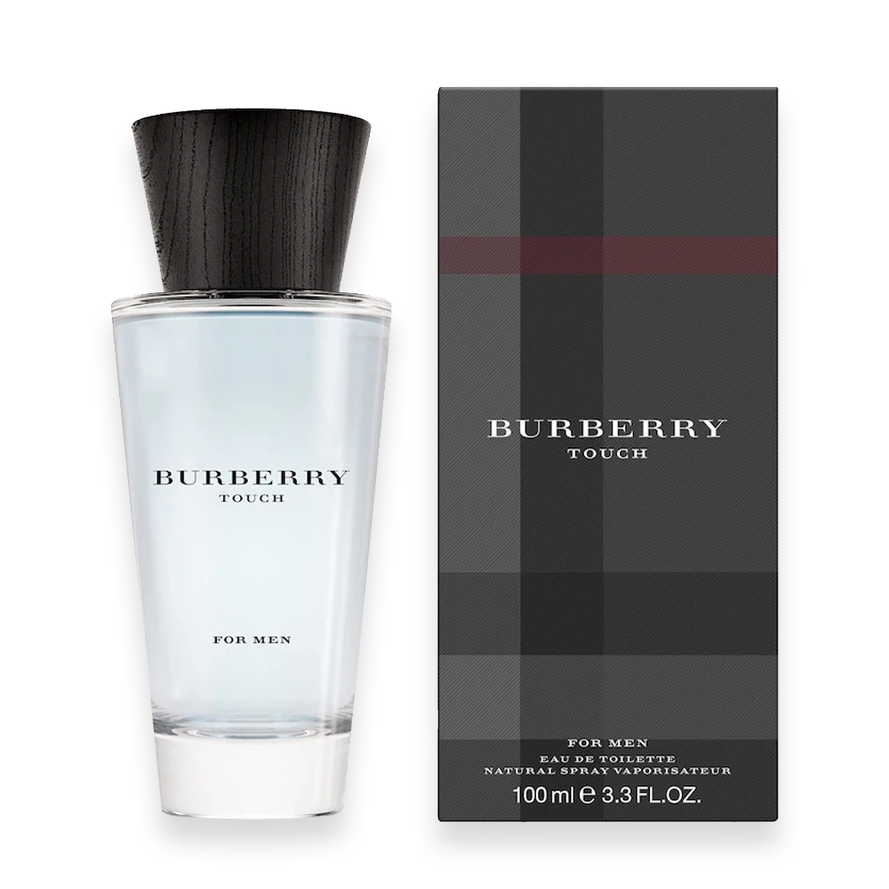 Burberry Touch for Men Eau de Toilette by Burberry » Scott Beauty Shop Burberry Touch for Men Eau de Toilette bottle with wooden cap and minimalist design