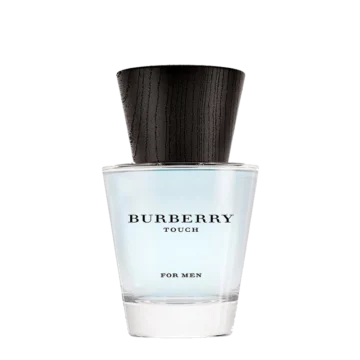 Bottle of Burberry Touch for Men perfume featuring a minimalist glass design with a light wood-toned cap