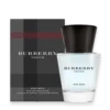 Bottle of Burberry Touch for Men perfume featuring a minimalist glass design with a light wood-toned cap