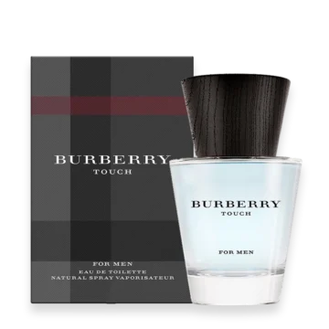 Bottle of Burberry Touch for Men perfume featuring a minimalist glass design with a light wood-toned cap