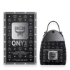 MCM Onyx perfume box next to a small black patterned backpack with a silver plaque and logo detailing.