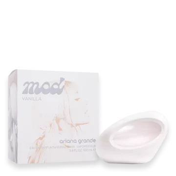 Ariana Grande Mod Vanilla ivory cylindrical perfume bottle with metallic base