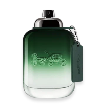 Coach Green cologne bottle with green leather tag and silver cap