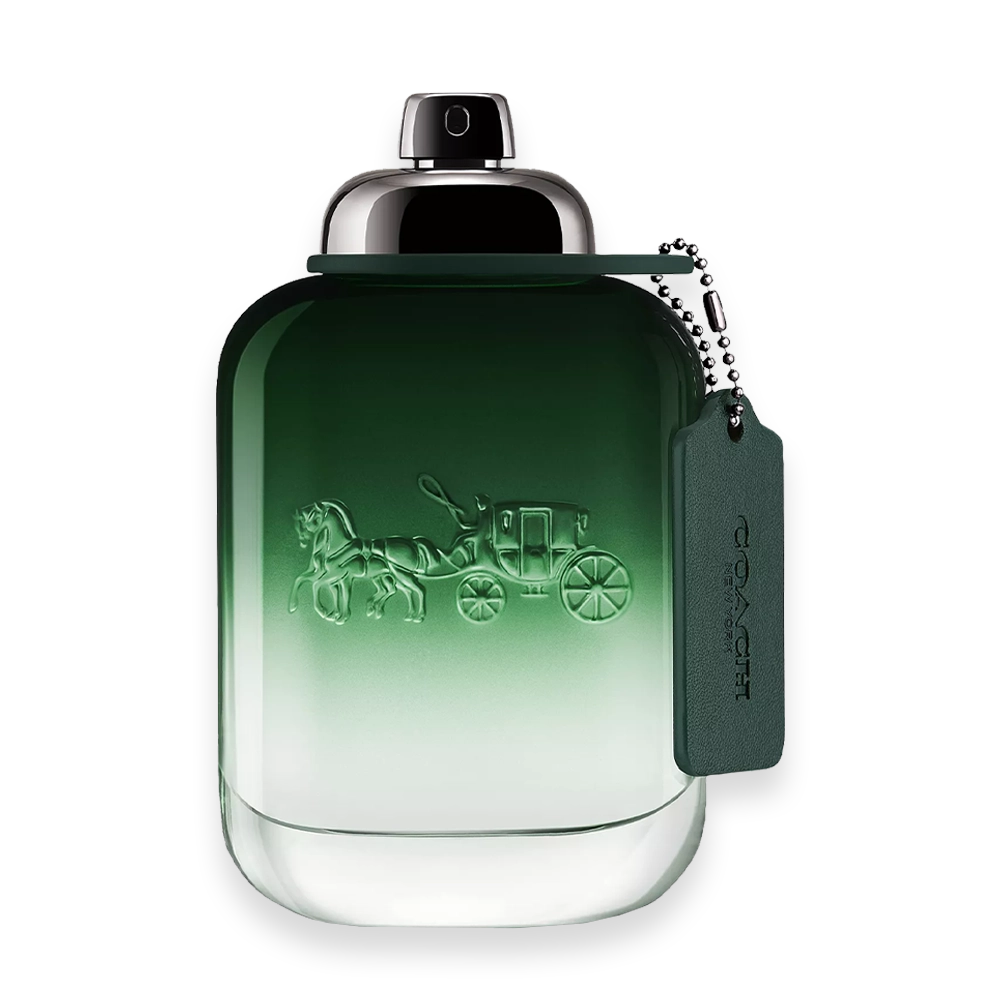 Coach Green Eau de Toilette Bottle » Scott Beauty Shop Coach Green cologne bottle with green leather tag and silver cap