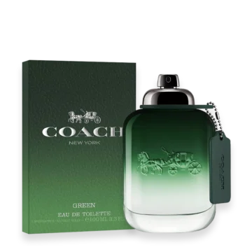 Coach Green cologne bottle with green leather tag and silver cap