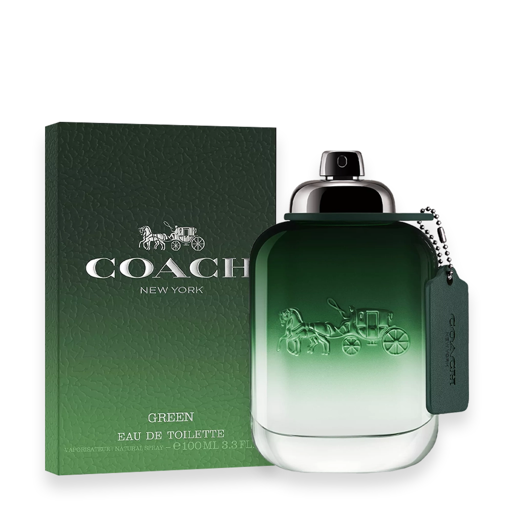Coach Green Eau de Toilette Bottle » Scott Beauty Shop Coach Green cologne bottle with green leather tag and silver cap