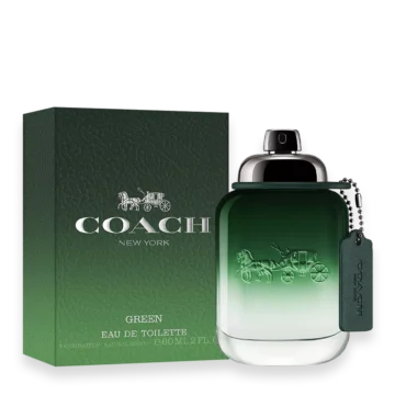 Coach Green Eau de Toilette men’s cologne bottle with green leather tag and silver cap