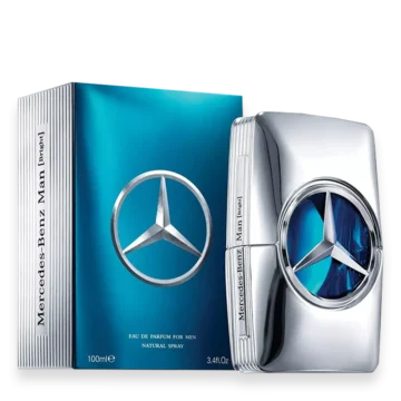 Mercedes Benz Man fragrance bottle beside a blue box featuring the Mercedes star logo (men's perfume).