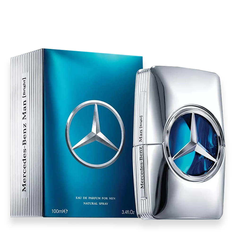 Mercedes Benz Man Bright Eau de Parfum » Scott Beauty Shop Mercedes Benz Man fragrance bottle beside a blue box featuring the Mercedes star logo (men's perfume).