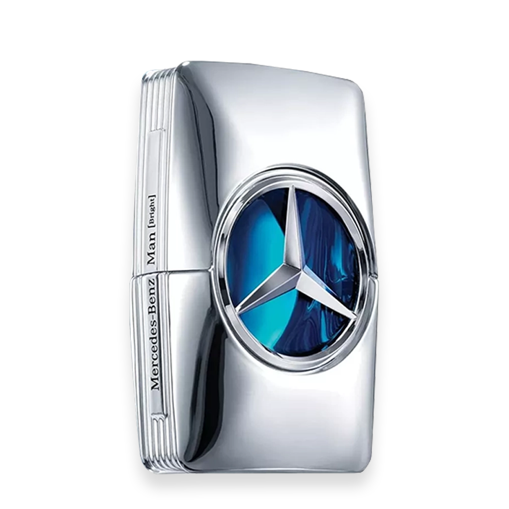 Mercedes-Benz Man Bright Eau de Parfum » Scott Beauty Shop Chrome Mercedes-Benz emblem with blue star centered on a polished metal surface (car hood ornament).
