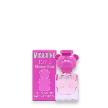 Travel-size bottle of Moschino Toy 2 Bubble Gum featuring a whimsical bear-shaped design with pink accents