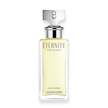 Eternity for Women by Calvin Klein perfume bottle with clear glass and silver cap