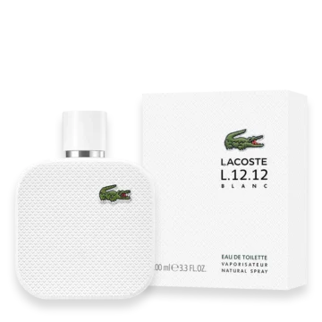 Eau de Lacoste L.12.12 Blanc Pure men’s fragrance bottle white packaging