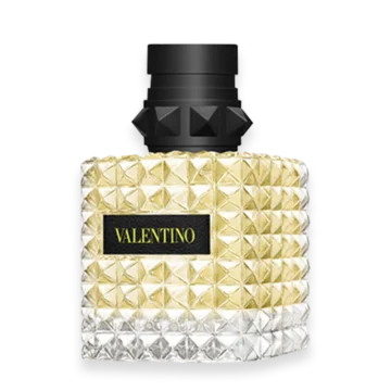Valentino Donna Born In Roma Yellow Dream perfume bottle with yellow-tinted glass and gold accents