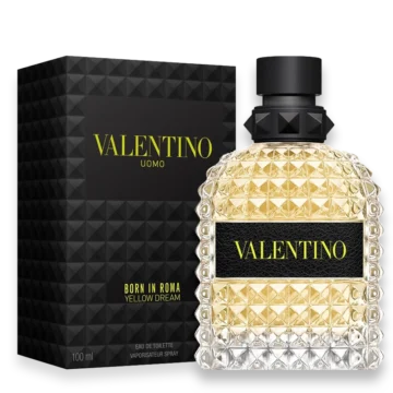 Valentino Uomo Born in Roma Yellow Dream with lemon, bergamot, and woody notes creating a fresh, vibrant, and modern masculine fragrance