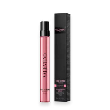 Pink Valentino Born in Roma Intense perfume bottle with black cap beside its black box.
