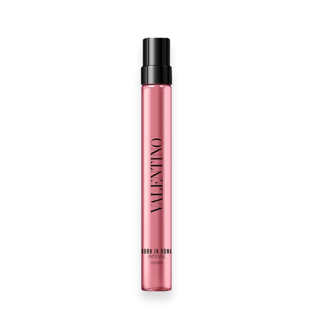 Valentino Uomo Born in Roma Intense Pocket Spray Eau de Parfum Intense » Scott Beauty Shop Pink Valentino Born in Roma Intense Uomo bottle with a black cap, stand-alone product photo