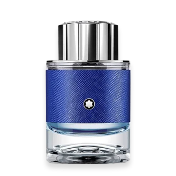 Blue textured perfume bottle with a silver cap and clear base, standing upright.