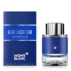 Montblanc Explorer Ultra Blue perfume bottle beside its blue textured box.