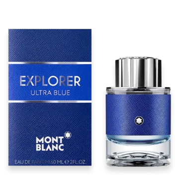 Montblanc Explorer Ultra Blue perfume bottle beside its blue textured box.