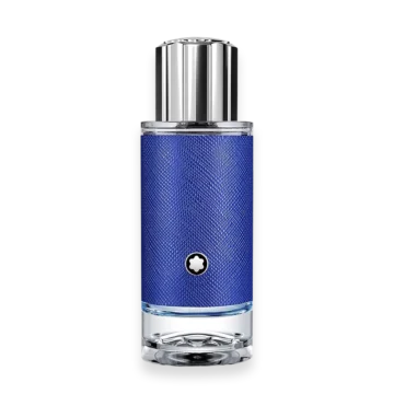 Montblanc Explorer Ultra Blue cologne bottle with blue textured sleeve and silver cap