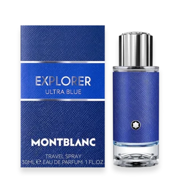 Montblanc Explorer Ultra Blue cologne bottle with blue textured sleeve and silver cap