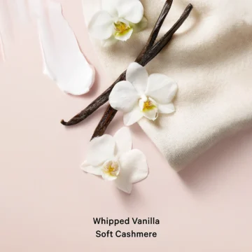 Vanilla bean pods with white orchids and soft cashmere fabric representing whipped vanilla and soft cashmere fragrance notes