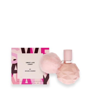 Ariana Grande Sweet Like Candy Eau de Parfum pink bottle with fluffy pom pom accessory