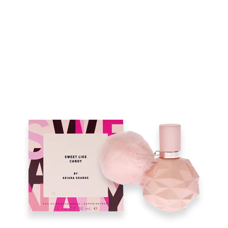 Ariana Grande Sweet Like Candy Eau de Parfum – Fruity Gourmand Perfume » Scott Beauty Shop Ariana Grande Sweet Like Candy Eau de Parfum pink bottle with fluffy pom pom accessory