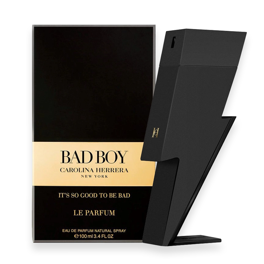 Bad Boy Le Parfum by Carolina Herrera | Bold Spicy Woody Fragrance for Men » Scott Beauty Shop Bottle of Bad Boy Le Parfum by Carolina Herrera featuring a sleek black and gold design with a lightning bolt accent