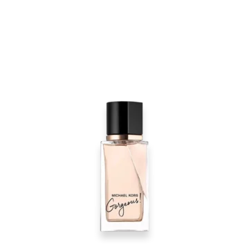 Michael Kors Gorgeous perfume bottle with pale pink liquid and a black cap, rectangular glass bottle.