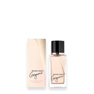 Michael Kors Gorgeous perfume bottle beside its pink box with black cap, on a dark background.
